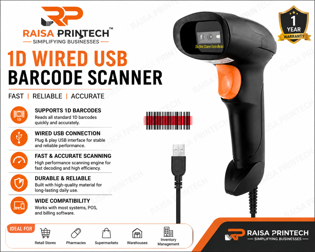 USB 1D WIRED Barcode Scanner Handheld (Gun Type) with Fast Scanning CCD Technology (2 Years Warranty)