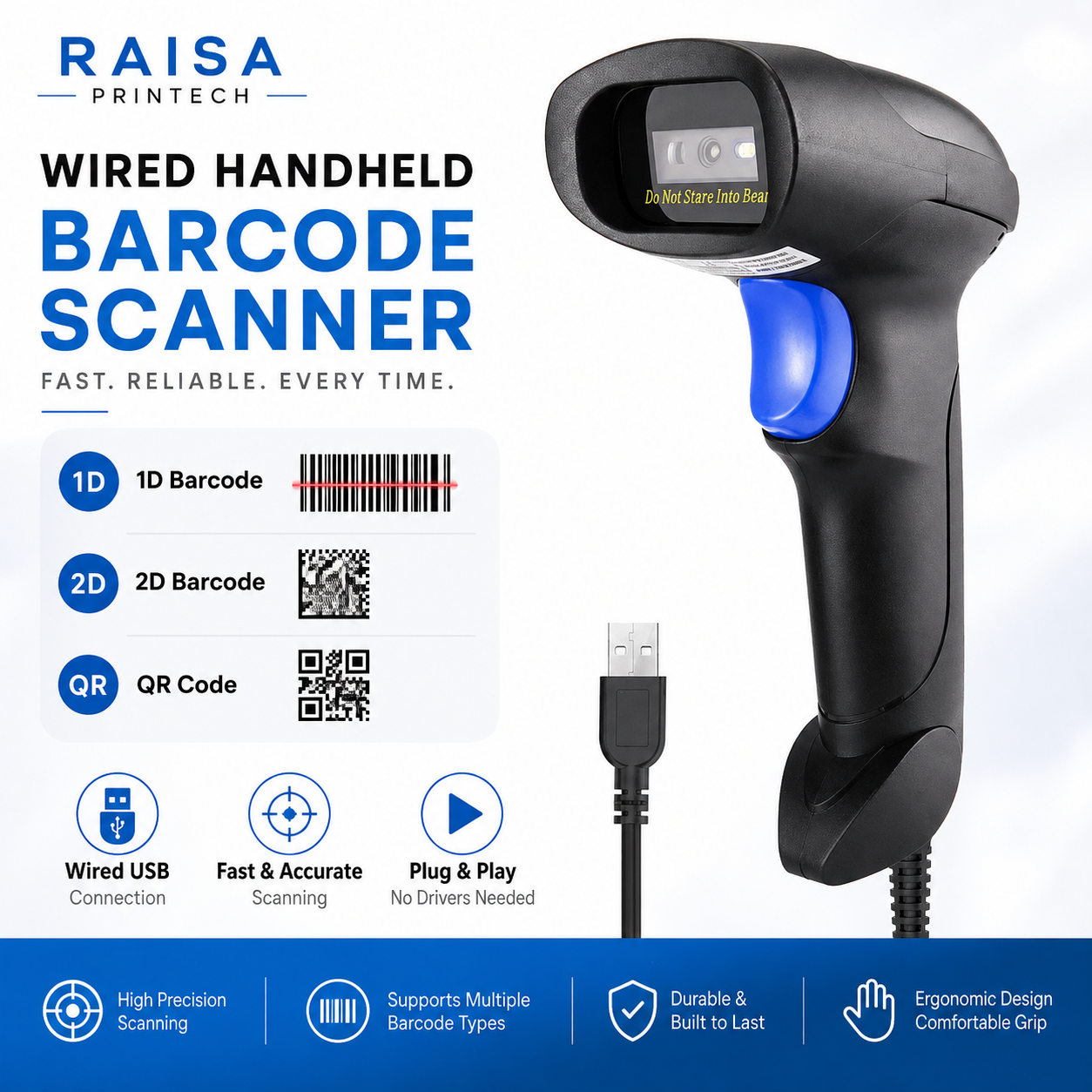 RAISA PRINTECH Wired 1D 2D QR Barcode Scanner | USB