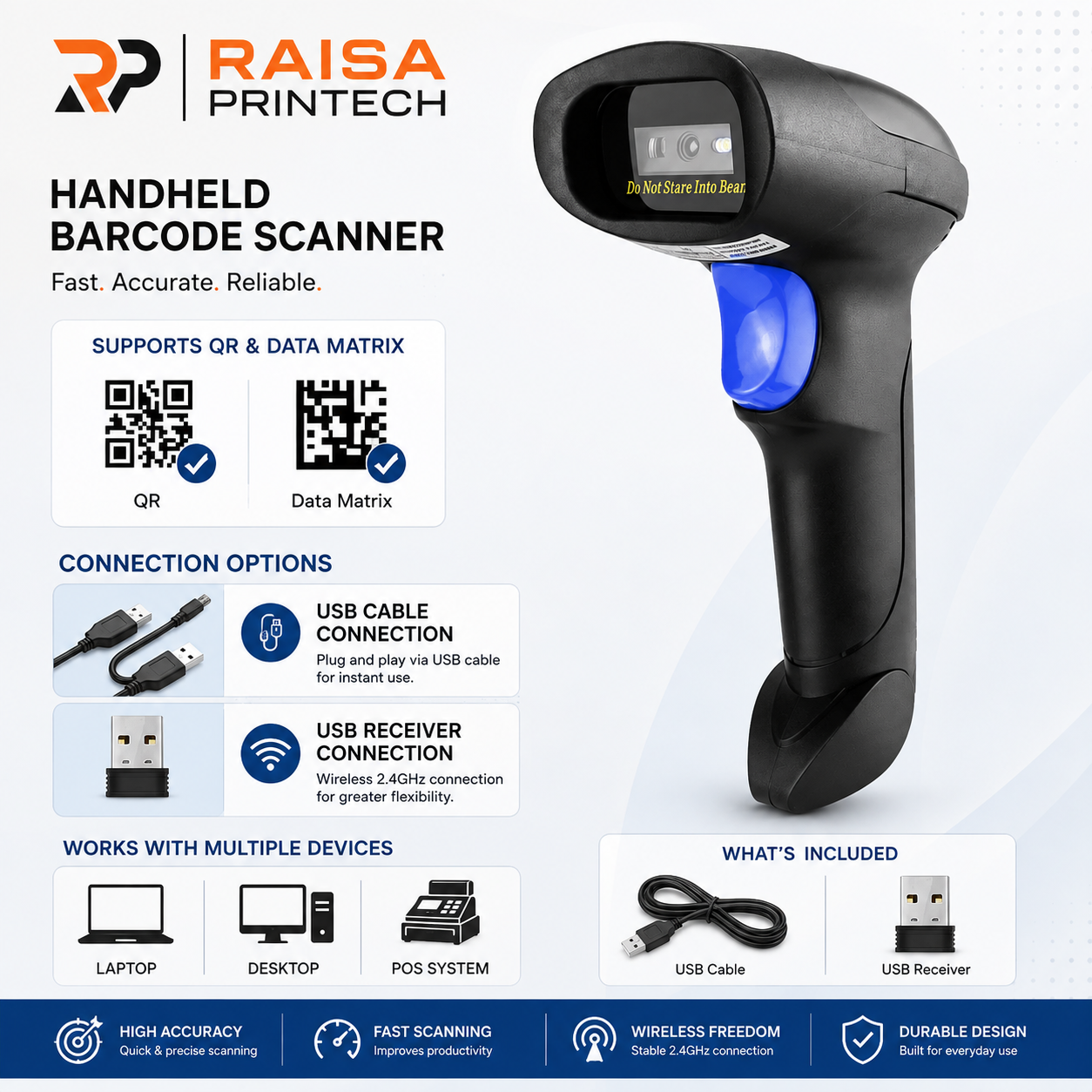 USB 2D All in One Wireless 2D Barcode Scanner with 2.4GHz Nano Receiver (1 Year Warranty)