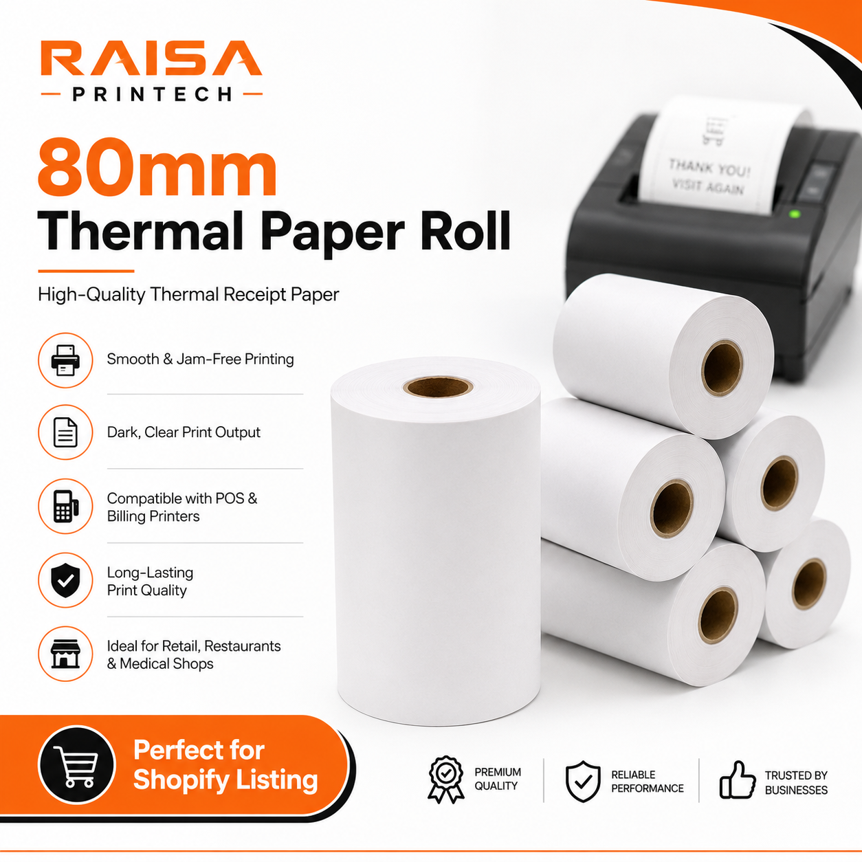 Raisa Printech 3 Inch / 80mm Thermal Paper Roll for POS, Billing & Receipt Printers