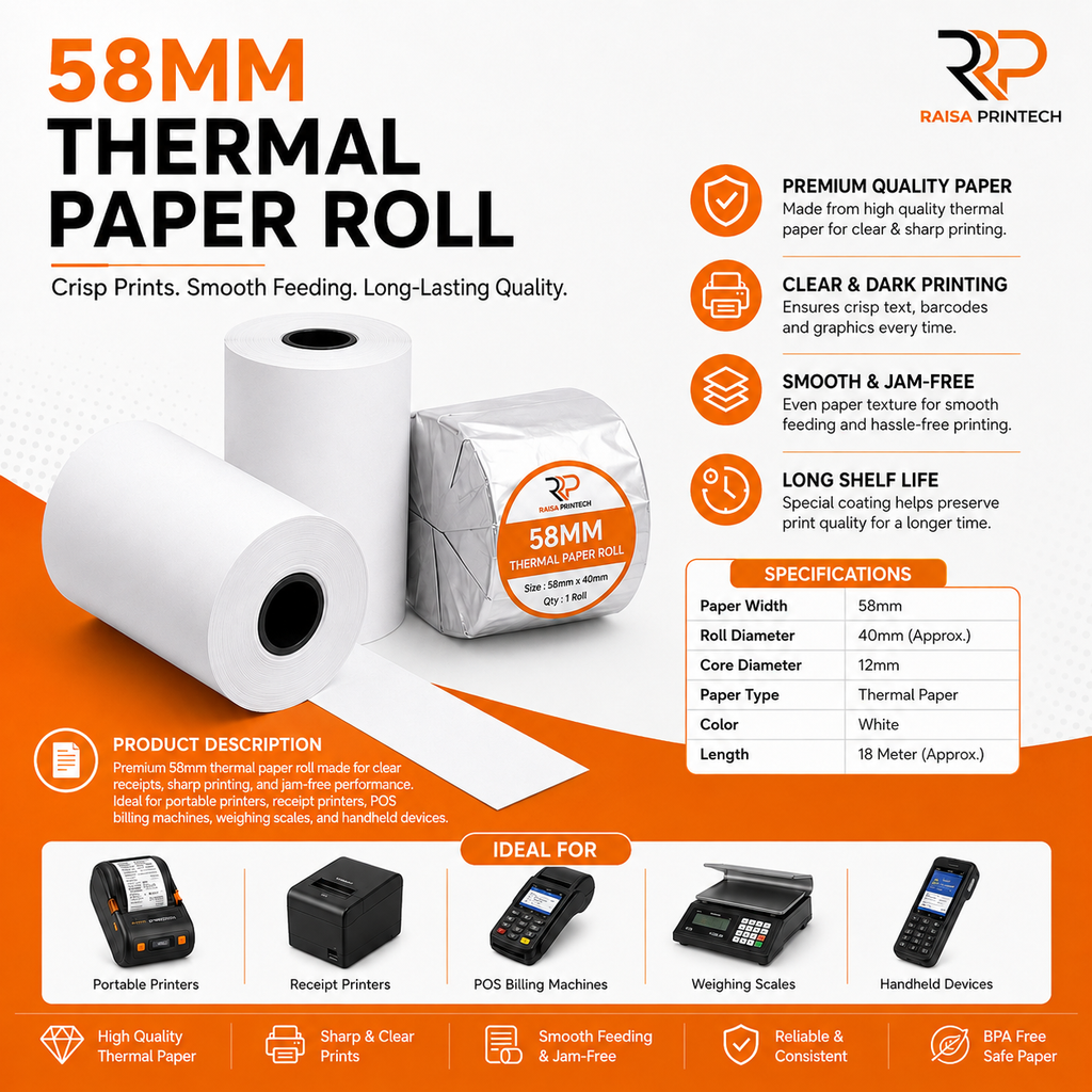 Raisa Printech 58mm Thermal Paper Roll – Clear, Dark & Jam-Free Receipt Printing