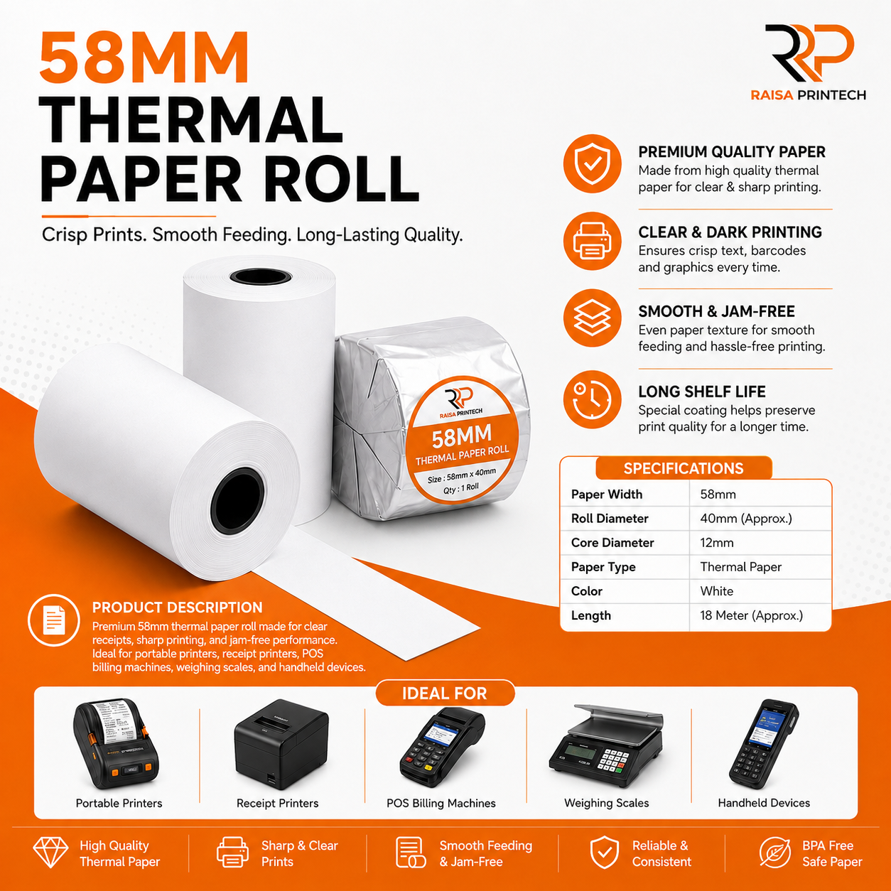 Raisa Printech 58mm Thermal Paper Roll – Clear, Dark & Jam-Free Receipt Printing