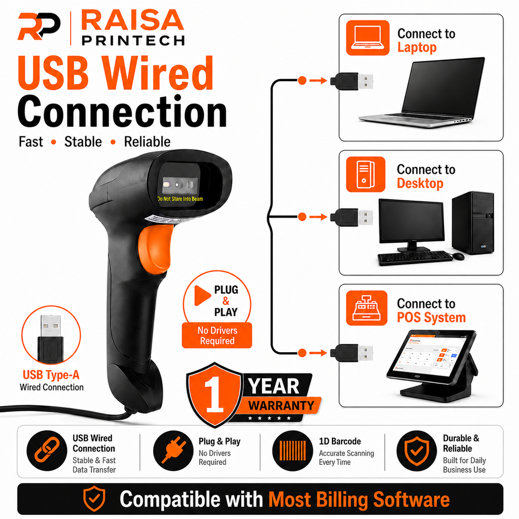 USB 1D WIRED Barcode Scanner Handheld (Gun Type) with Fast Scanning CCD Technology (2 Years Warranty)