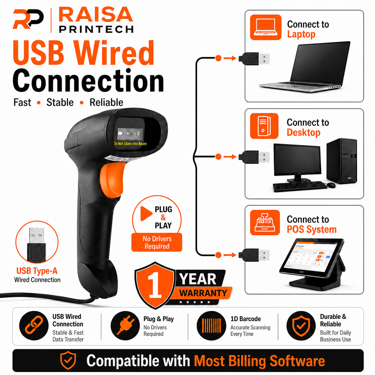 USB 1D WIRED Barcode Scanner Handheld (Gun Type) with Fast Scanning CCD Technology (2 Years Warranty)