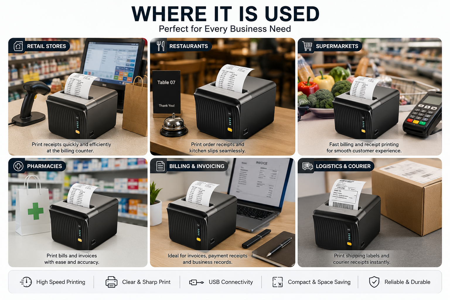 A promotional infographic showing a black thermal receipt printer in six different business and retail environments, including retail stores, restaurants, supermarkets, pharmacies, billing & invoicing, and logistics & courier. The top header reads 'WHERE IT IS USED' with the subtitle 'Perfect for Every Business Need'.