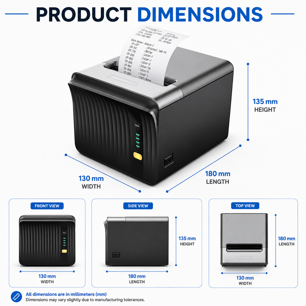 Product dimensions diagram for a black and silver thermal receipt printer, showing the printer with labeled measurements for height, width, and length, plus front, side, and top view insets on a white background.