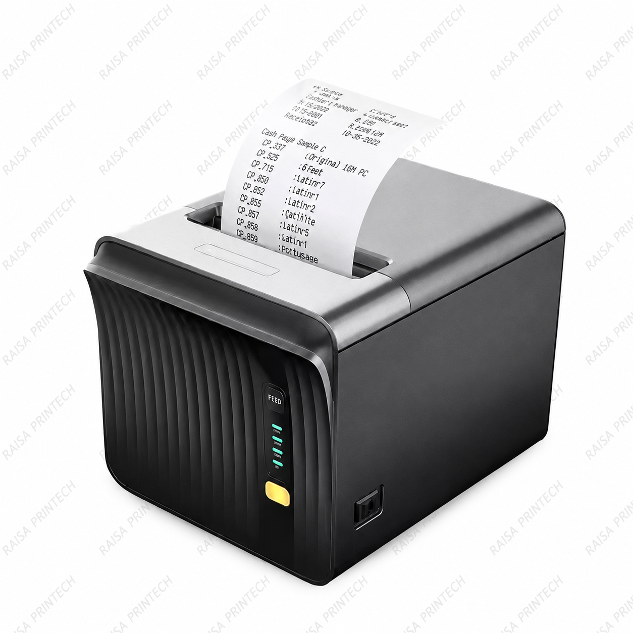 A black thermal paper receipt printer with a white printout emerging from the top slot, shown on a white background with diagonal 'RAISA PRINTECH' watermarks.