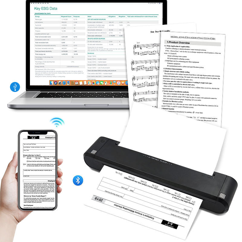 Raisa printech PSF-8200 Portable A4 Thermal Printer | Inkless Mini Wireless Printer with Bluetooth & USB | Rechargeable, Compact & Smudge-Free Printing for Documents, Billing & Travel – Black