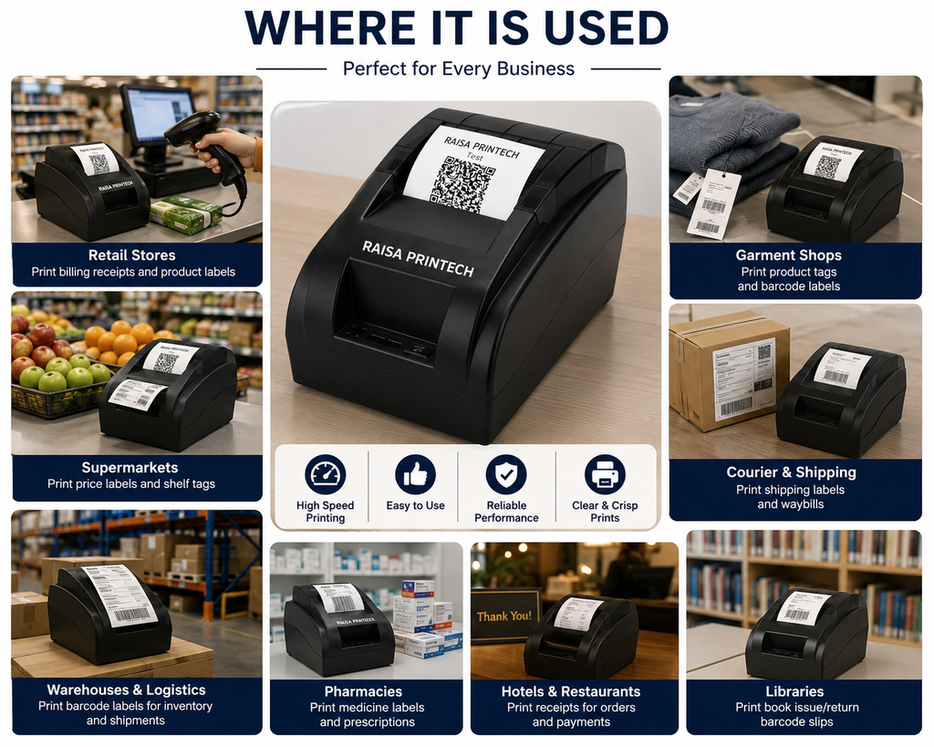 RAISA PRINTECH 58mm Desktop Thermal Printer – USB + Bluetooth