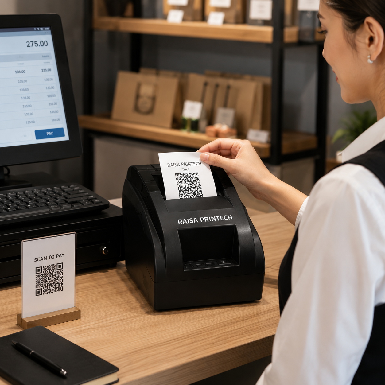 RAISA PRINTECH 58mm Desktop Thermal Printer – USB + Bluetooth