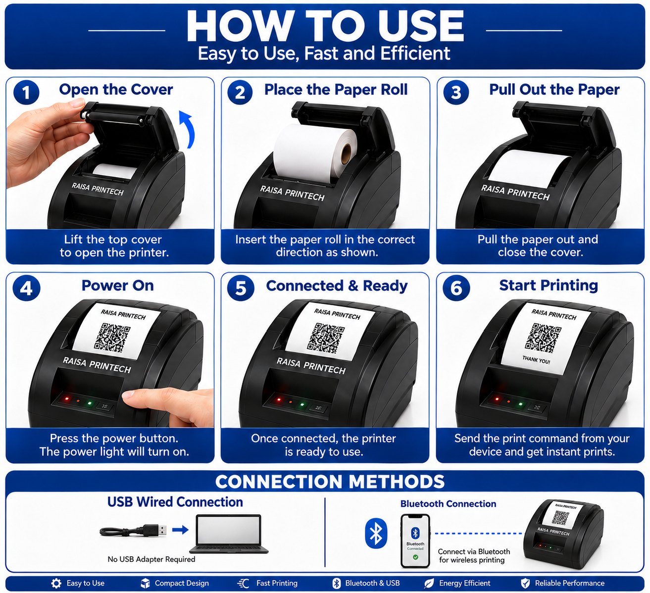 RAISA PRINTECH 58mm Desktop Thermal Printer – USB + Bluetooth