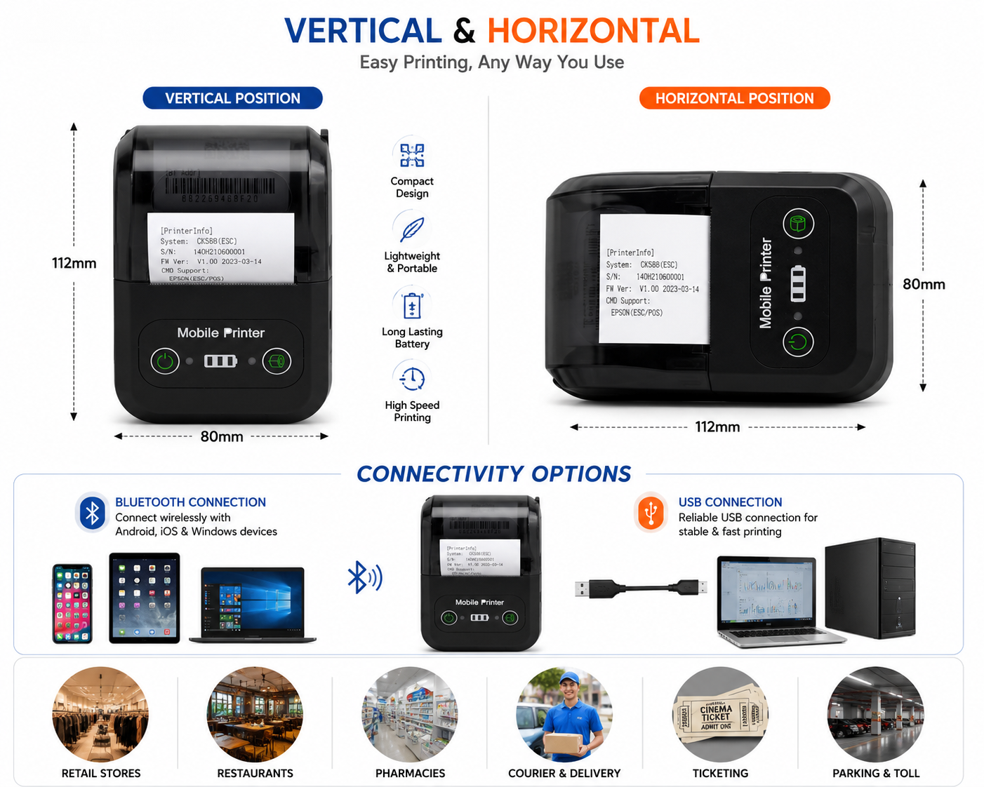 RPD588- 58mm Mini Portable Inkless Thermal Printer with Bluetooth Connectivity
