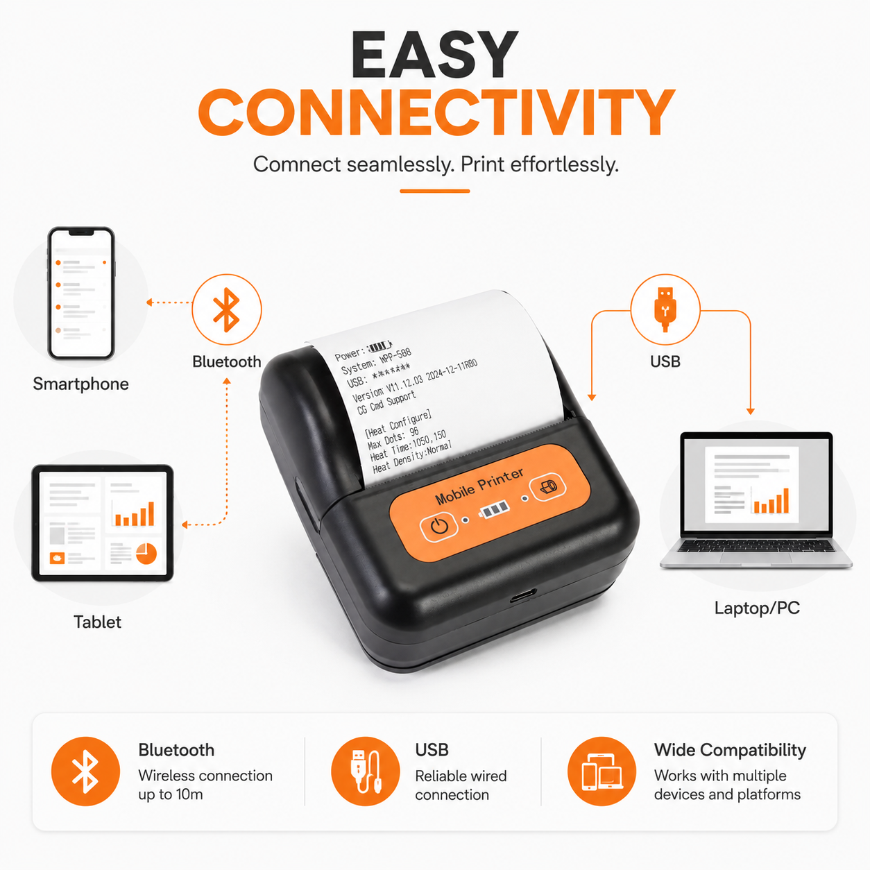 80mm thermal receipt Rechargable Printer Portable Bluetooth + USB