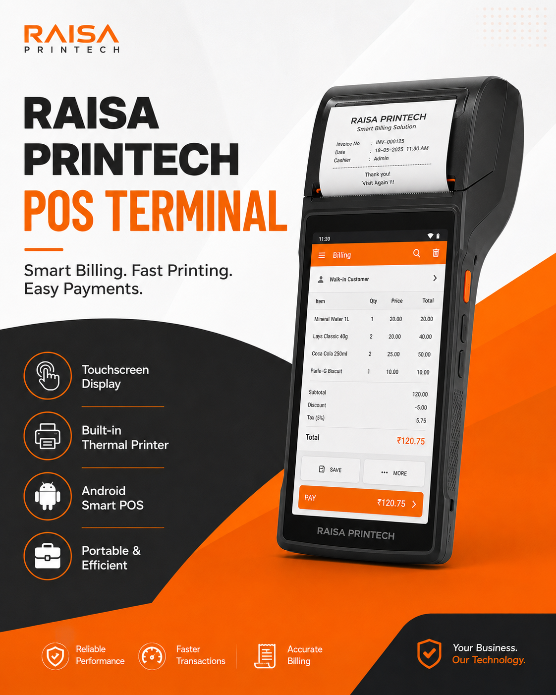POS Receipt Printer High Speed Thermal Printer with Android 8.1 5.0’’ Touch Screen. Handheld Mobil Point of Sale Tablet (58mm Inbuilt Printer)
