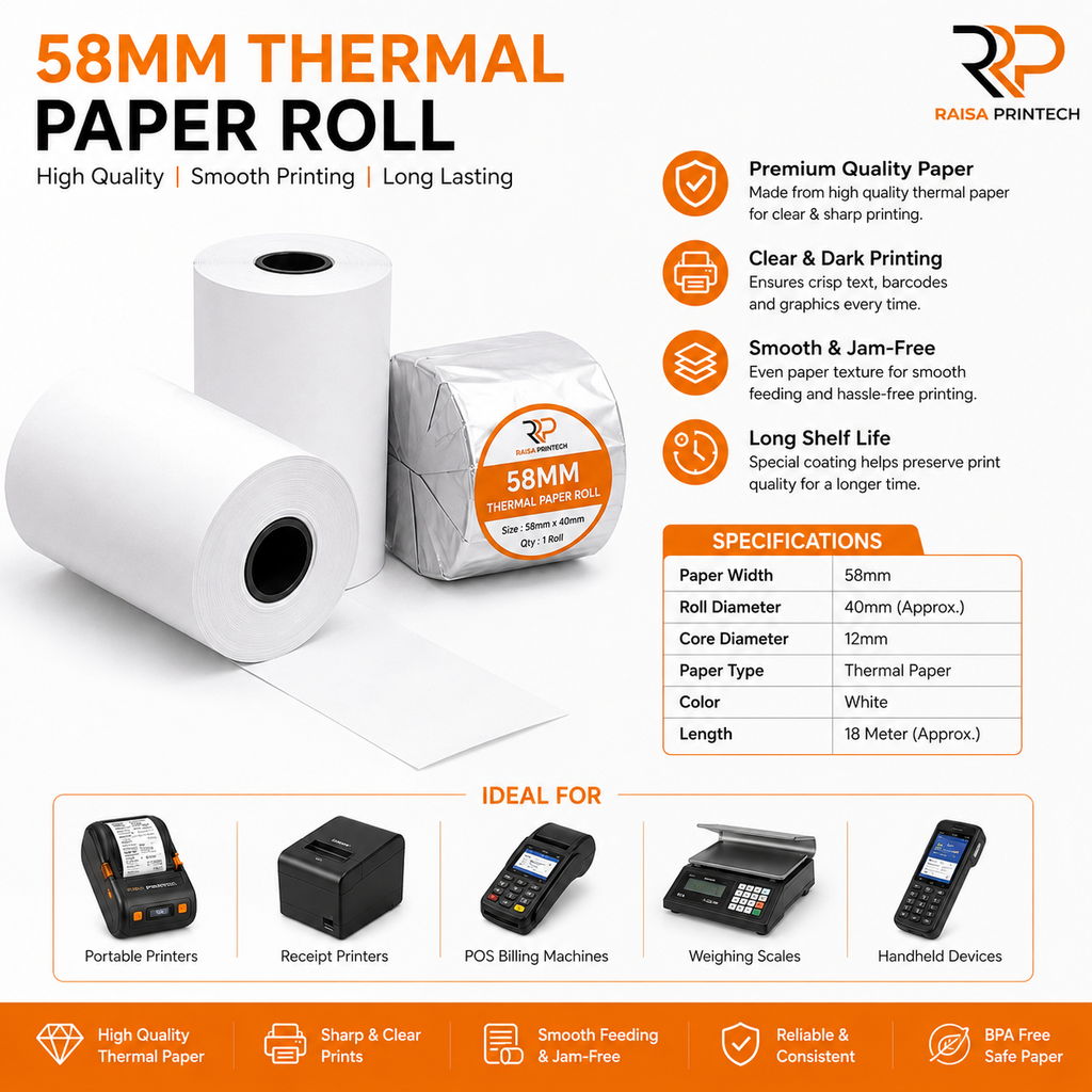 Raisa Printech 58mm Thermal Paper Roll – Clear, Dark & Jam-Free Receipt Printing