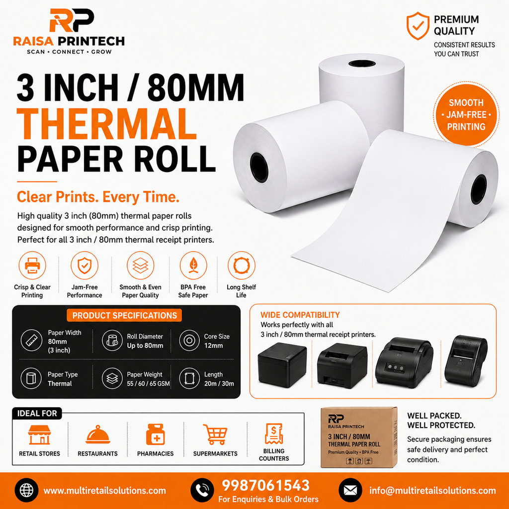 Raisa Printech 3 Inch / 80mm Thermal Paper Roll for POS, Billing & Receipt Printers